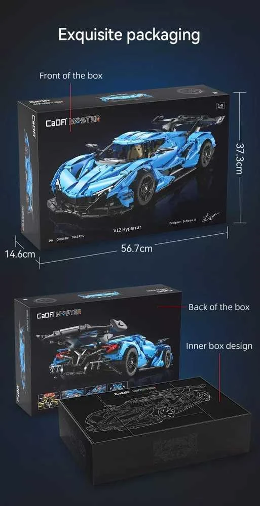CaDA Master konstruktoriaus kaladėlės didelis mėlyna sportinis automobilis Lenktyninis automobilis Automobilis lenktynininkas 60 cm V12 Hypercar 3865 dienos