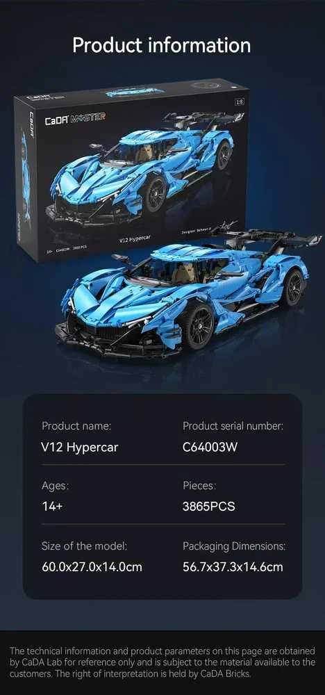 CaDA Master konstruktoriaus kaladėlės didelis mėlyna sportinis automobilis Lenktyninis automobilis Automobilis lenktynininkas 60 cm V12 Hypercar 3865 dienos