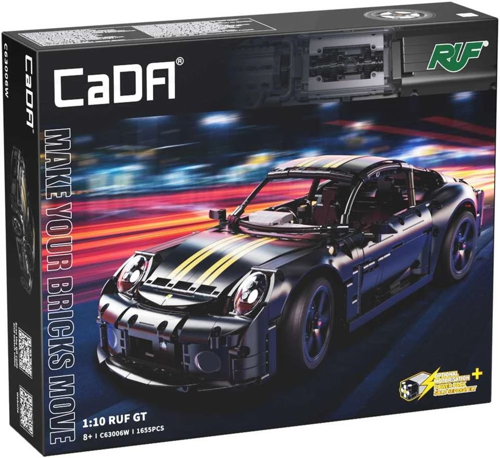 CaDA statybiniai blokeliai Automobilis 35 cm miesto automobilis RUF GT juoda Važiuoklė 1655 dalys