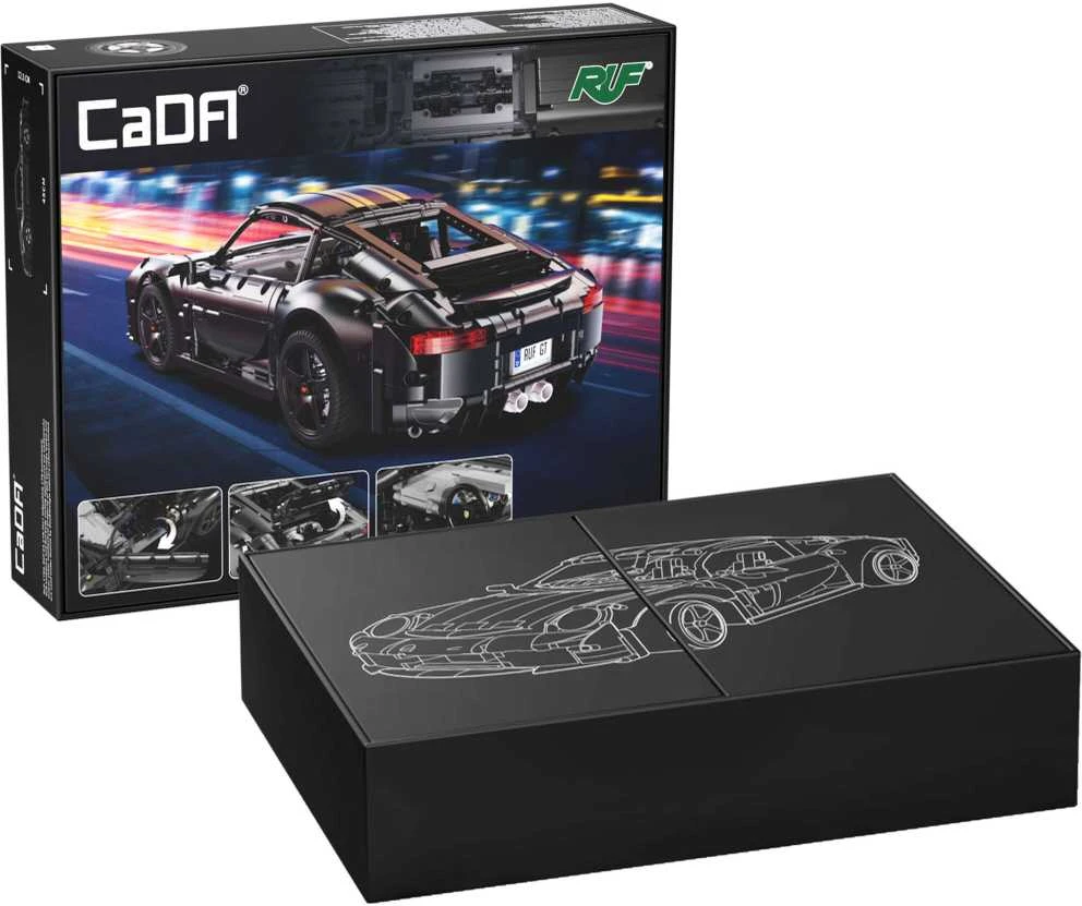 CaDA statybiniai blokeliai Automobilis 35 cm miesto automobilis RUF GT juoda Važiuoklė 1655 dalys