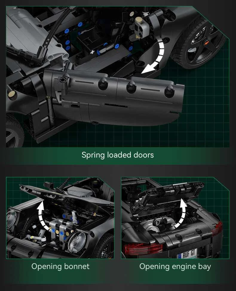 CaDA statybiniai blokeliai Automobilis 35 cm miesto automobilis RUF GT juoda Važiuoklė 1655 dalys