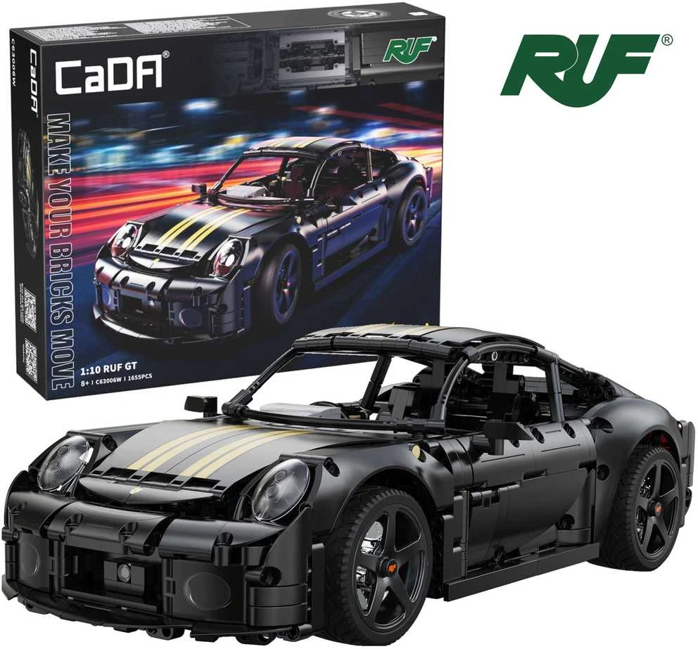 CaDA statybiniai blokeliai Automobilis 35 cm miesto automobilis RUF GT juoda Važiuoklė 1655 dalys