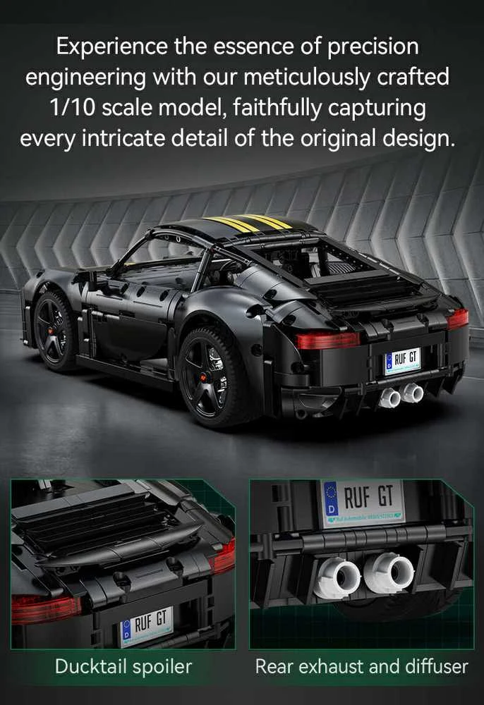 CaDA statybiniai blokeliai Automobilis 35 cm miesto automobilis RUF GT juoda Važiuoklė 1655 dalys