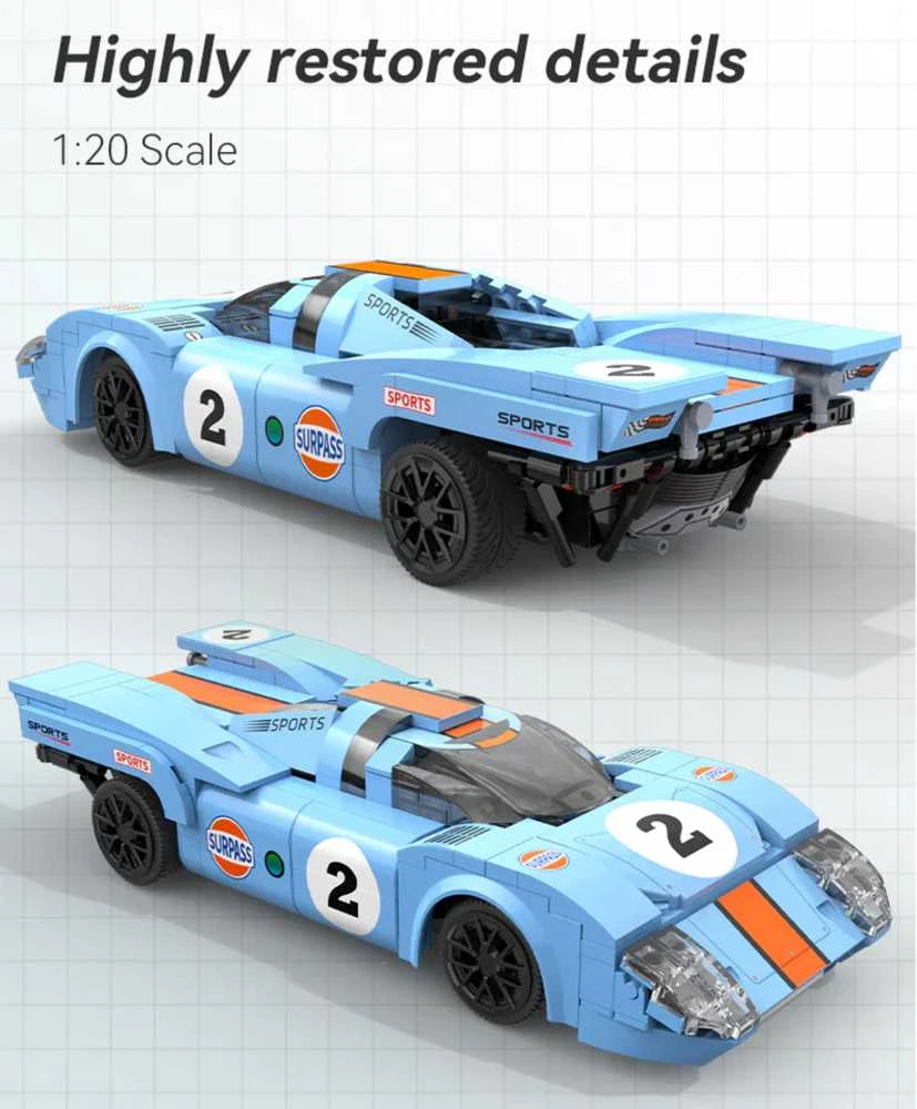 CaDA Building Blocks nuotoliniu būdu valdomas automobilis sportinis automobilis 21,7 cm 1:20 Azure Storm 266 dalys RC Dual Mode C51076W