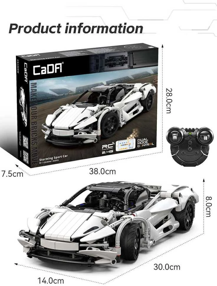 CaDA Building Blocks nuotoliniu būdu valdomas automobilis sportinis automobilis Raudona 30 cm Storming sportinis automobilis Važiuoklė 402 Elements RC Dual Mode