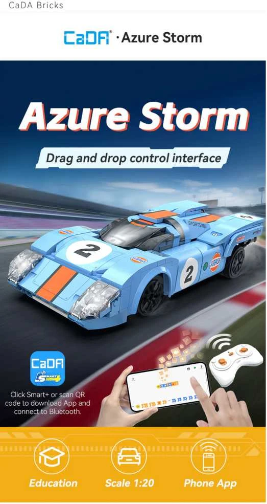 CaDA Building Blocks nuotoliniu būdu valdomas automobilis sportinis automobilis 21,7 cm 1:20 Azure Storm 266 dalys RC Dual Mode C51076W