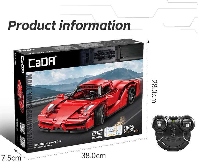CaDA Building Blocks Nuotolinio valdymo pultas Automobilis Sportinis automobilis Raudona 32 cm Raudona Blade Sport Car Važiuoklė 405 dalys RC Dual Mode