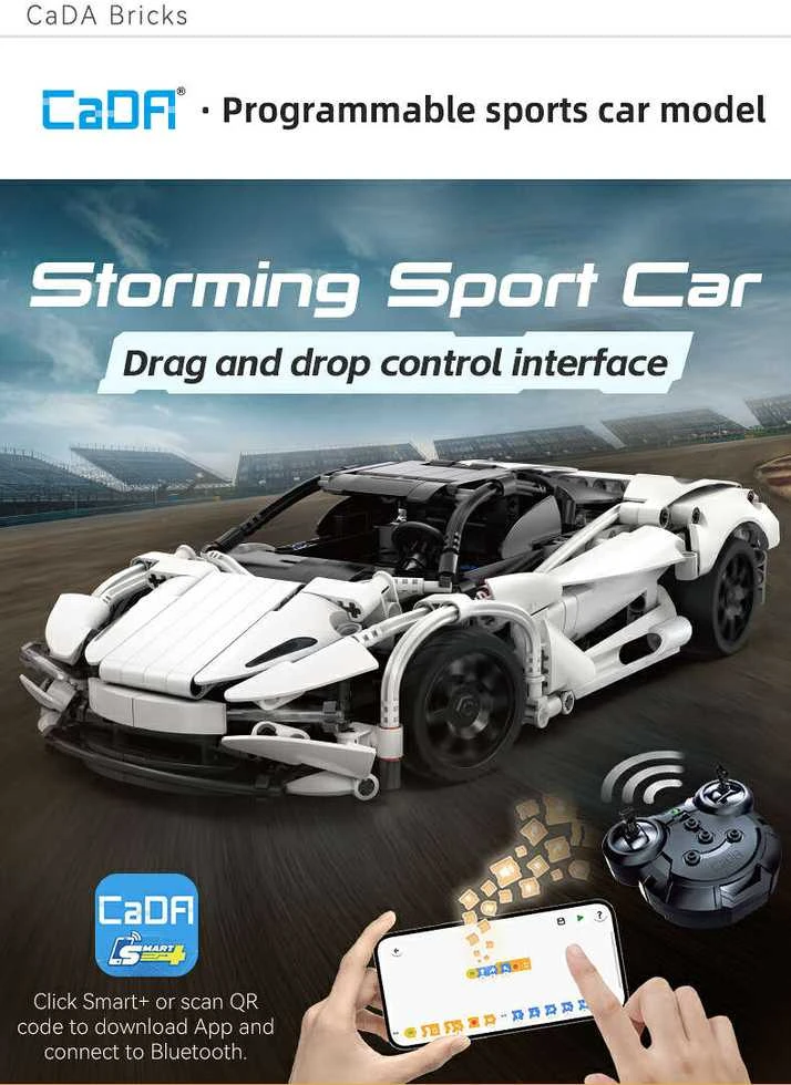 CaDA Building Blocks nuotoliniu būdu valdomas automobilis sportinis automobilis Raudona 30 cm Storming sportinis automobilis Važiuoklė 402 Elements RC Dual Mode