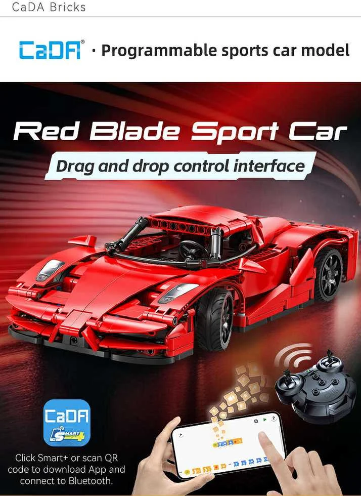 CaDA Building Blocks Nuotolinio valdymo pultas Automobilis Sportinis automobilis Raudona 32 cm Raudona Blade Sport Car Važiuoklė 405 dalys RC Dual Mode