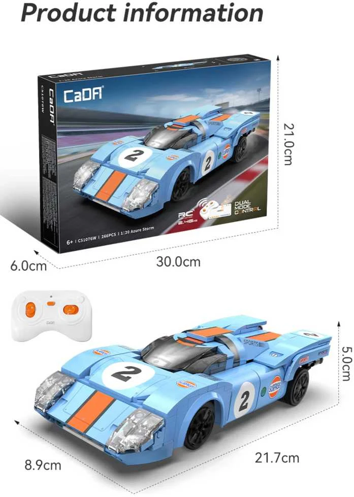 CaDA Building Blocks nuotoliniu būdu valdomas automobilis sportinis automobilis 21,7 cm 1:20 Azure Storm 266 dalys RC Dual Mode C51076W