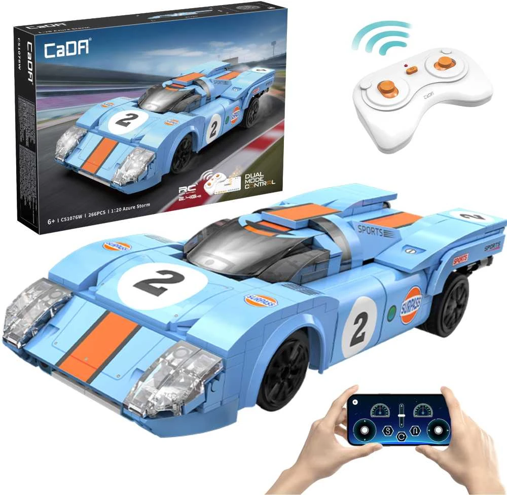 CaDA Building Blocks nuotoliniu būdu valdomas automobilis sportinis automobilis 21,7 cm 1:20 Azure Storm 266 dalys RC Dual Mode C51076W