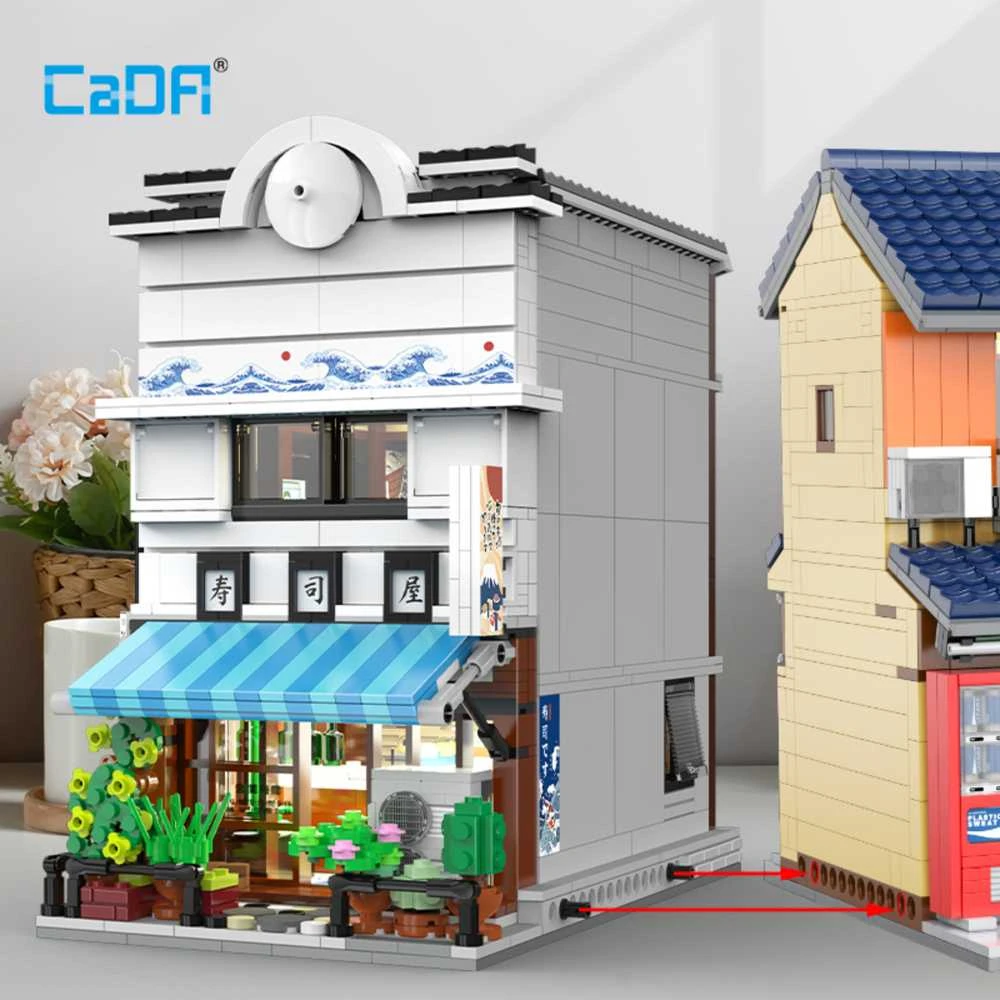 CaDA Statybiniai blokai Sushi Shop Japoniško stiliaus pastato LED lemputė 1665 vnt C66018W