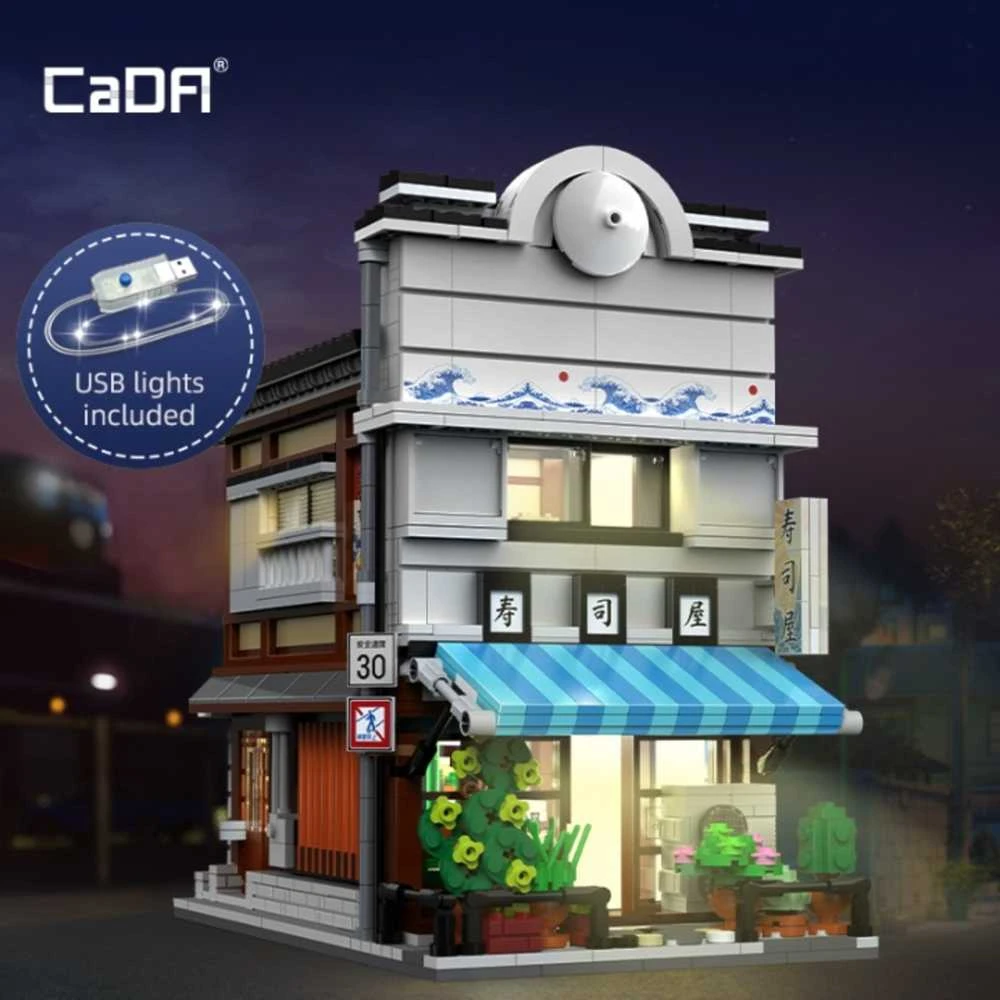 CaDA Statybiniai blokai Sushi Shop Japoniško stiliaus pastato LED lemputė 1665 vnt C66018W