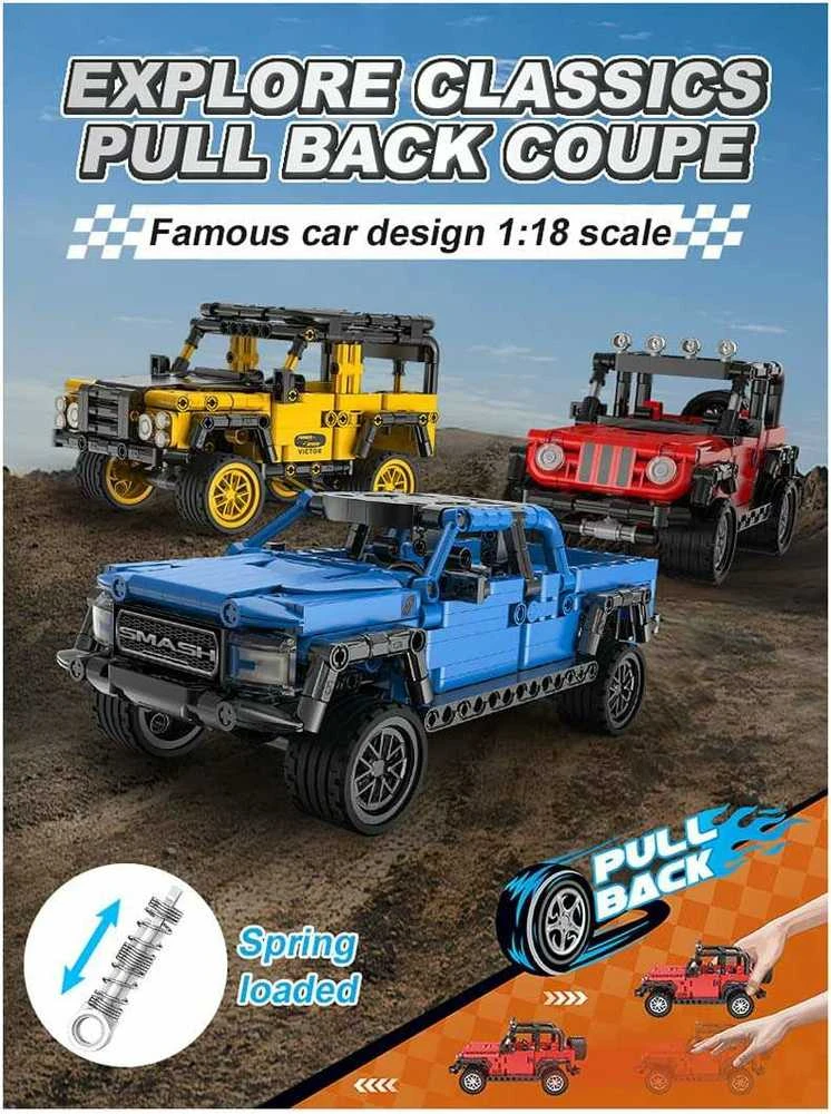 Klocki konstrukcyjne CaDA Važiuoklė terenowy Defender Auto Off-Roader Samochód terenówka su diskų įtaisu pull back 389 dalys
