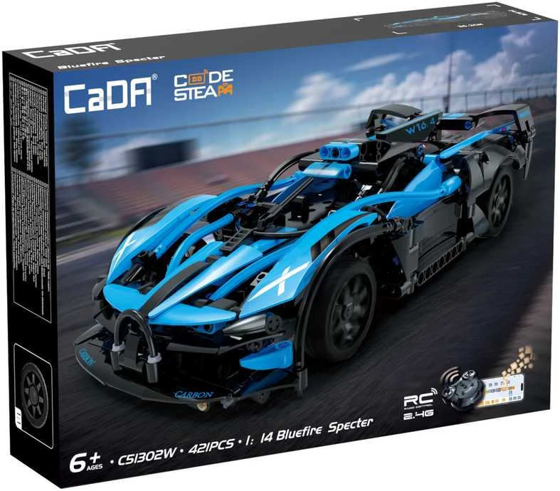 CaDA statybiniai blokai „Racer“ nuotoliniu būdu valdomas lenktyninis automobilis „Bluefire Spectre“ sportinis automobilis, 421 detalė, RC