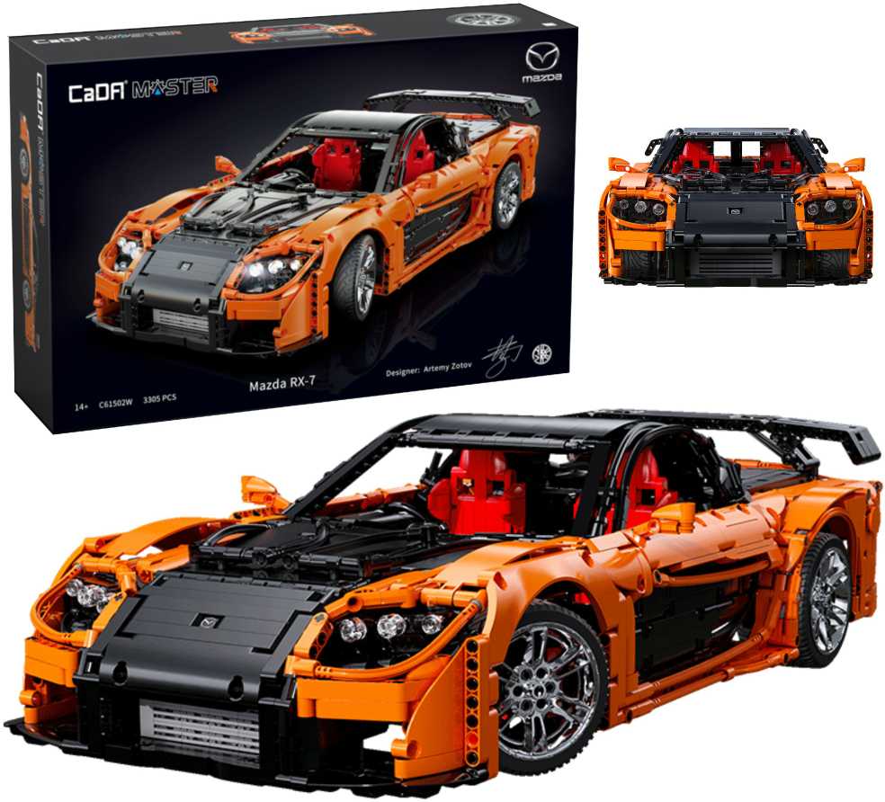 CaDA statybiniai blokai Nuotoliniu būdu valdomas automobilis 56 cm oranžinės spalvos automobilių lenktynės Mazda RX-7 3305 dalys RC