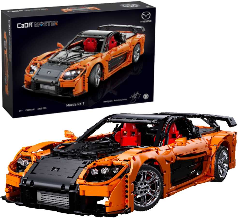 CaDA statybiniai blokai Nuotoliniu būdu valdomas automobilis 56 cm oranžinės spalvos automobilių lenktynės Mazda RX-7 3305 dalys RC