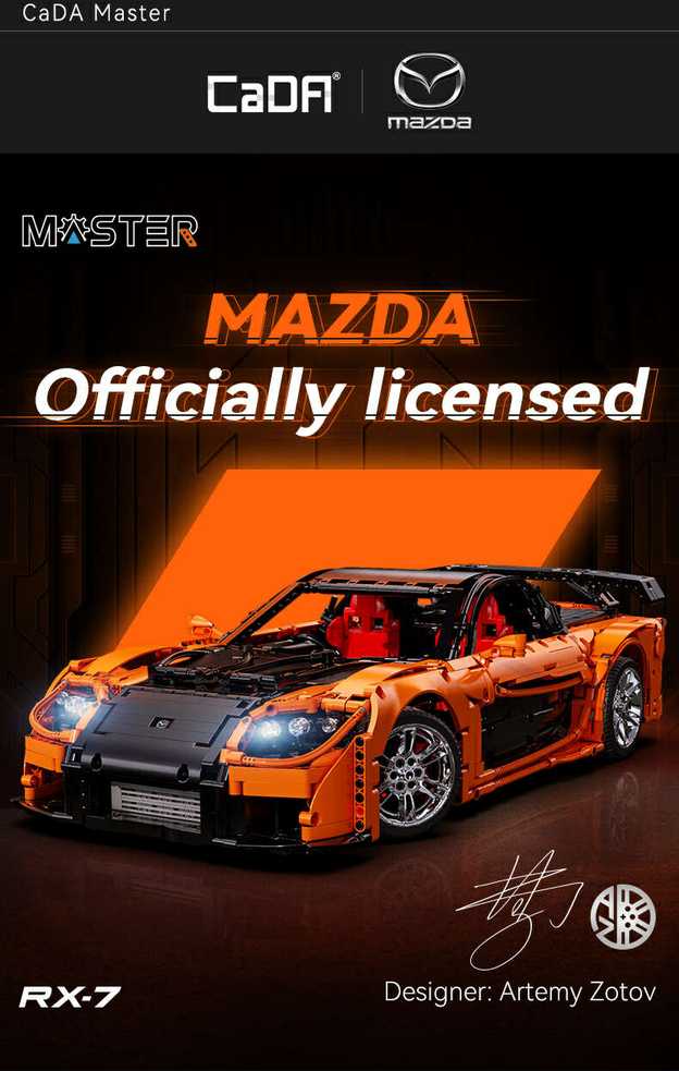 CaDA statybiniai blokai Nuotoliniu būdu valdomas automobilis 56 cm oranžinės spalvos automobilių lenktynės Mazda RX-7 3305 dalys RC