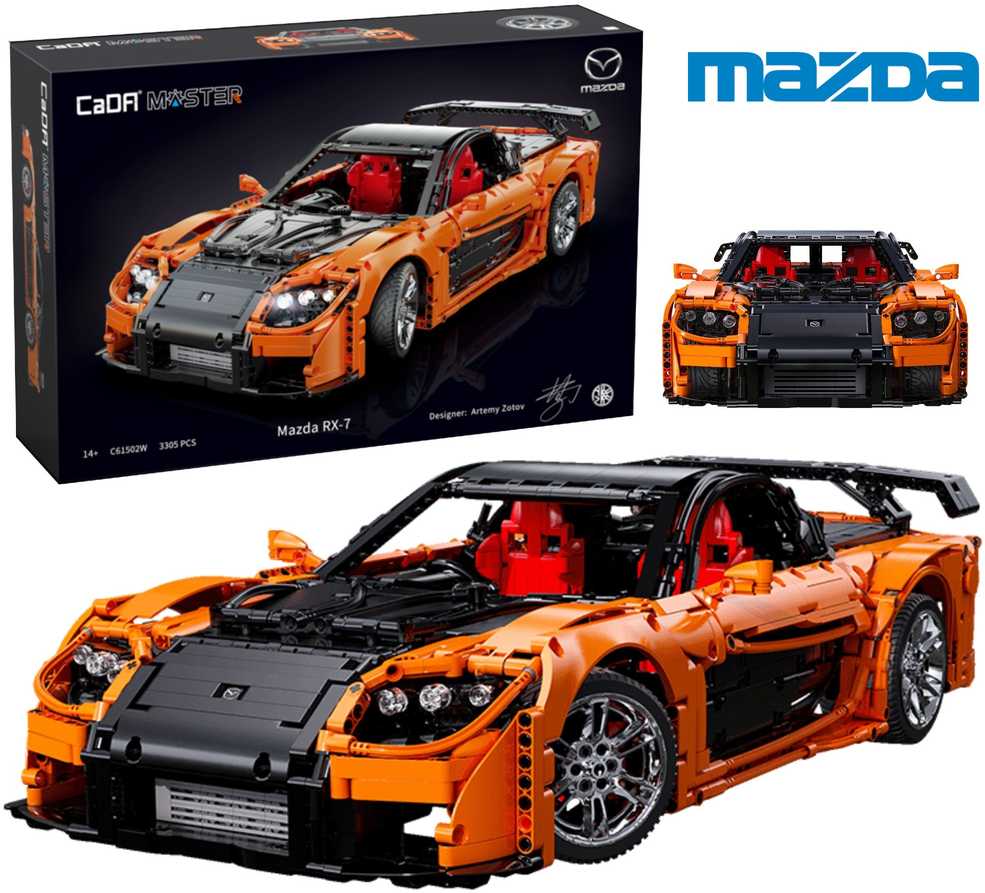 CaDA statybiniai blokai Nuotoliniu būdu valdomas automobilis 56 cm oranžinės spalvos automobilių lenktynės Mazda RX-7 3305 dalys RC