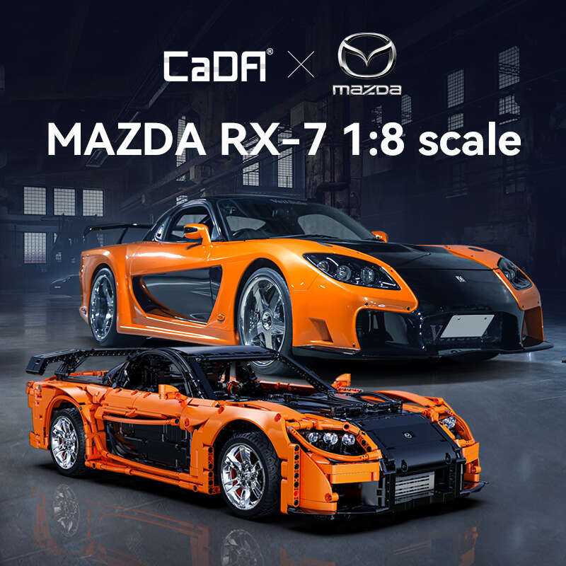 CaDA statybiniai blokai Nuotoliniu būdu valdomas automobilis 56 cm oranžinės spalvos automobilių lenktynės Mazda RX-7 3305 dalys RC