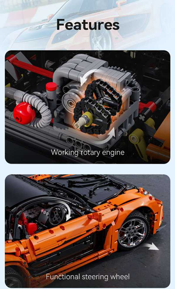CaDA statybiniai blokai Nuotoliniu būdu valdomas automobilis 56 cm oranžinės spalvos automobilių lenktynės Mazda RX-7 3305 dalys RC