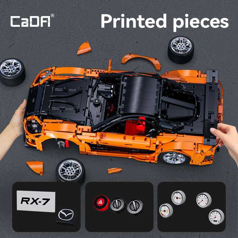 CaDA statybiniai blokai Nuotoliniu būdu valdomas automobilis 56 cm oranžinės spalvos automobilių lenktynės Mazda RX-7 3305 dalys RC