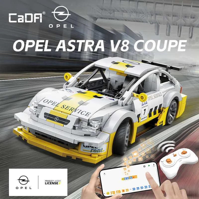 CaDA statybiniai blokai Nuotoliniu būdu valdomas sportinis automobilis balta Opel Astra V8 Coupe Lentyninė mašinėlė RC Dual Mode 330 dalys
