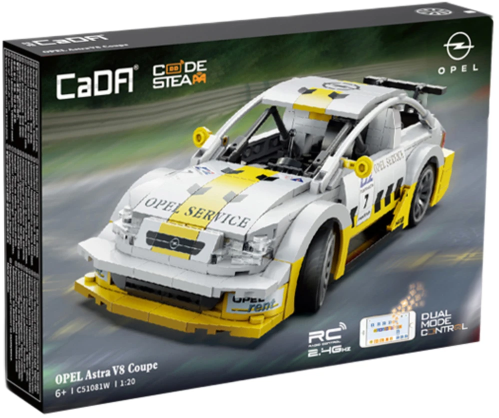 CaDA statybiniai blokai Nuotoliniu būdu valdomas sportinis automobilis balta Opel Astra V8 Coupe Lentyninė mašinėlė RC Dual Mode 330 dalys