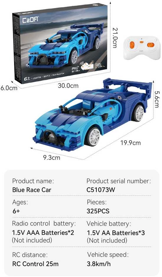 Klocki konstrukcyjne CaDA Zdalnie sterowany samochód Lentyninė mašinėlė Wyścigówka Važiuoklė RC Mėlyna Race Car Dual Mode 325 dalys