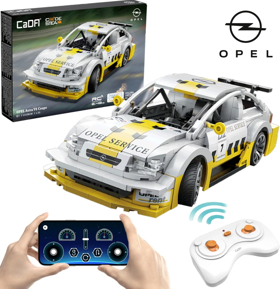 CaDA statybiniai blokai Nuotoliniu būdu valdomas sportinis automobilis balta Opel Astra V8 Coupe Lentyninė mašinėlė RC Dual Mode 330 dalys