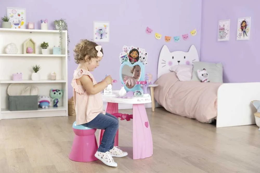Smoby „Gabi Cat House“ didelis tualetinis staliukas su veidrodžiu ir taburete + 10 aksesuarų grožio salonas