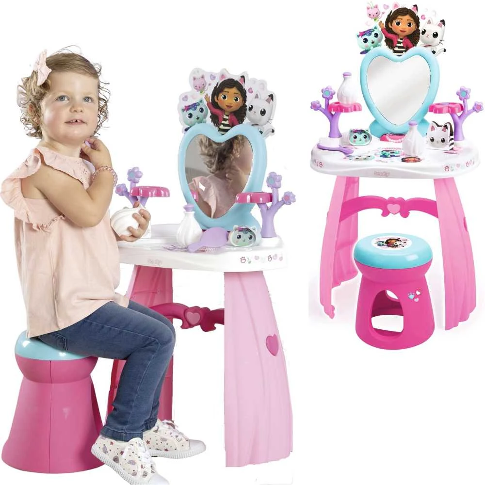 Smoby „Gabi Cat House“ didelis tualetinis staliukas su veidrodžiu ir taburete + 10 aksesuarų grožio salonas