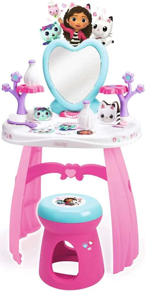 Smoby „Gabi Cat House“ didelis tualetinis staliukas su veidrodžiu ir taburete + 10 aksesuarų grožio salonas