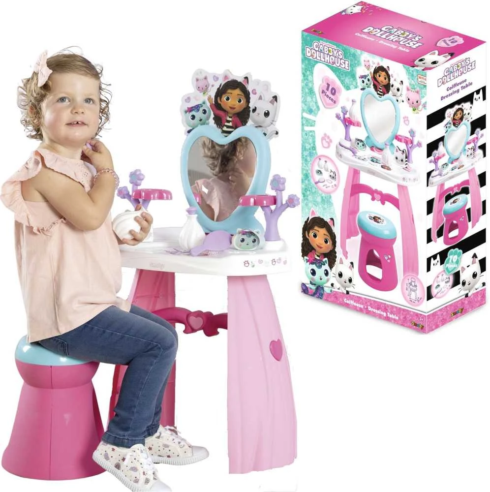 Smoby „Gabi Cat House“ didelis tualetinis staliukas su veidrodžiu ir taburete + 10 aksesuarų grožio salonas
