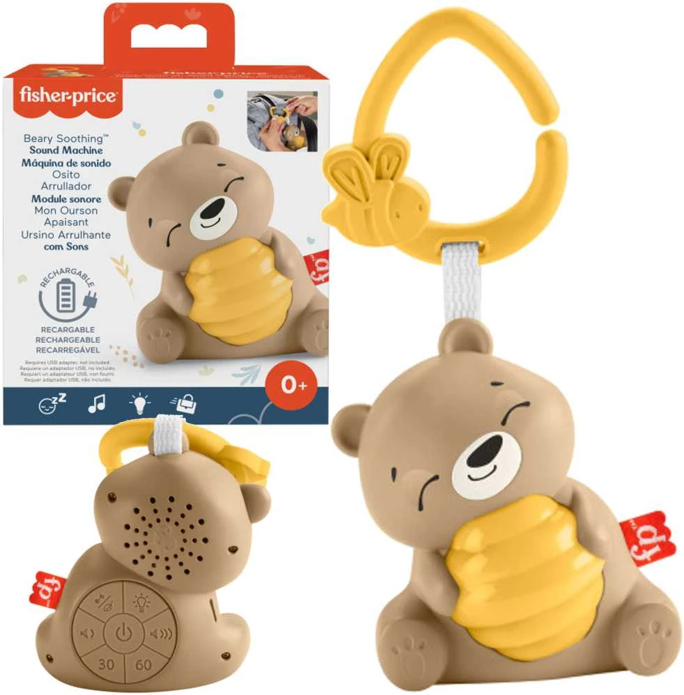 Fisher Price meškiukas su garso įrenginiu ir pakabinamu žiedu