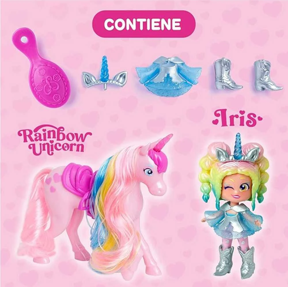 Magic Box KookyLoos Rainbow Iris lėlė + vienaragis su plaukais + priedai