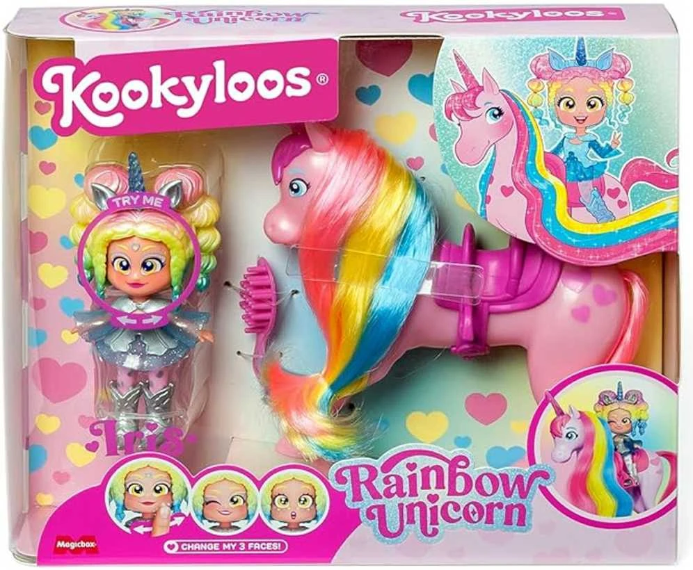 Magic Box KookyLoos Rainbow Iris lėlė + vienaragis su plaukais + priedai