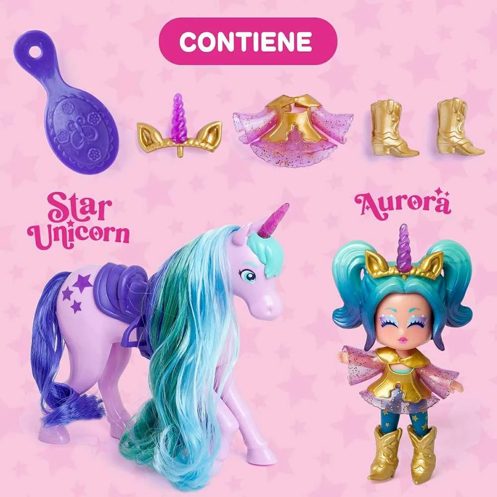 Magic Box KookyLoos Star Aurora lėlė + vienaragis su plaukais + priedai