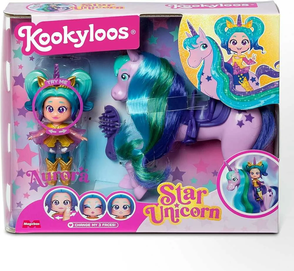Magic Box KookyLoos Star Aurora lėlė + vienaragis su plaukais + priedai