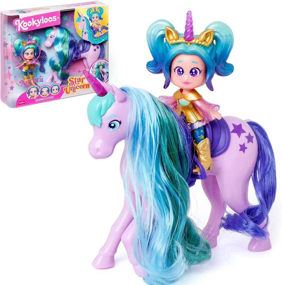 Magic Box KookyLoos Star Aurora lėlė + vienaragis su plaukais + priedai