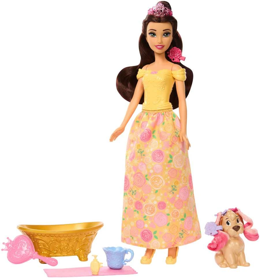 Mattel Lėlė Disney princesė Bella su šuniuku ir vonios rinkinys
