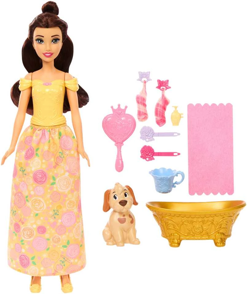 Mattel Lėlė Disney princesė Bella su šuniuku ir vonios rinkinys
