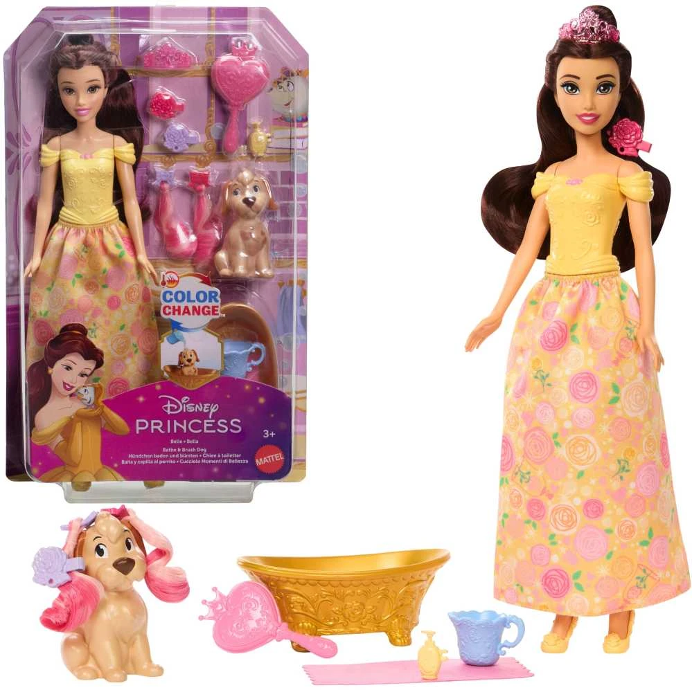 Mattel Lėlė Disney princesė Bella su šuniuku ir vonios rinkinys