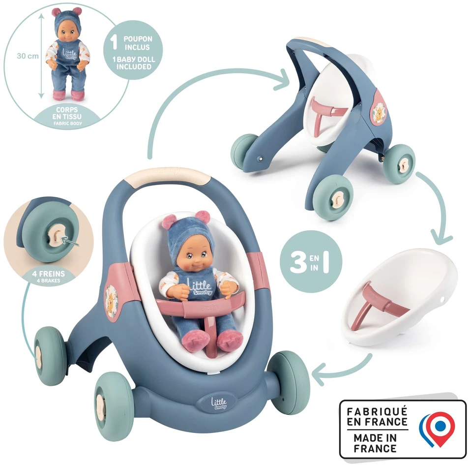 Smoby Vaikų Paspirtukas 3in1 Vežimėlis + Mergaitė Bobas