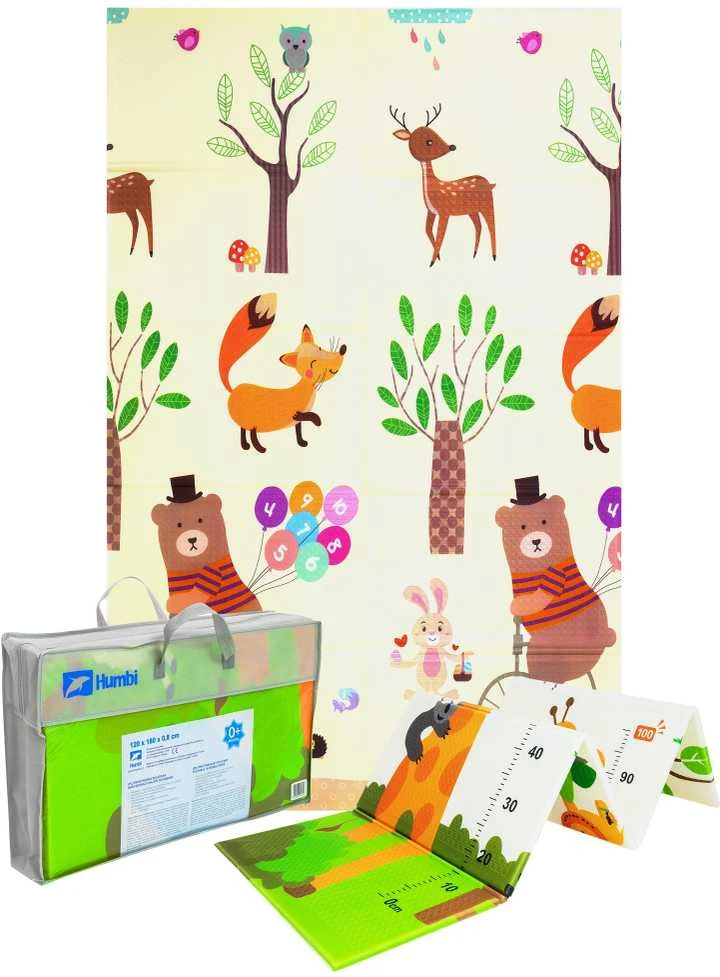Humbi kilimėlis dvipusis sulankstomas edukacinis XPE putplasčio kilimėlis 120x180x0.8cm Žirafos, matavimo puodelis, meškiukai, lapės, elniai