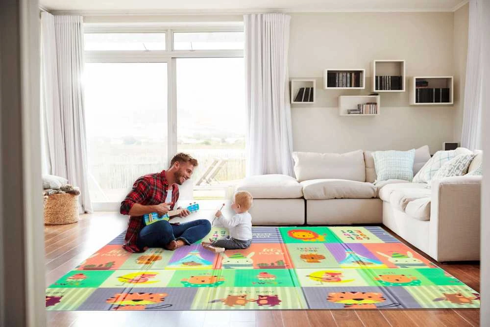 Humbi kilimėlis dvipusis sulankstomas edukacinis XPE putplasčio kilimėlis 180x150x1cm Gyvūnai, raidės, skaičiai, gatvės