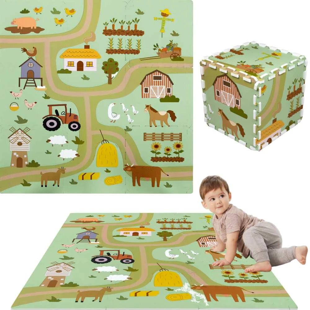 Achoka Mokomasis grindų kilimėlis 90x90 Storo putplasčio dėlionė 9 vnt. Humbi Kaimo keliai Kaimo gatvės Farm Farm