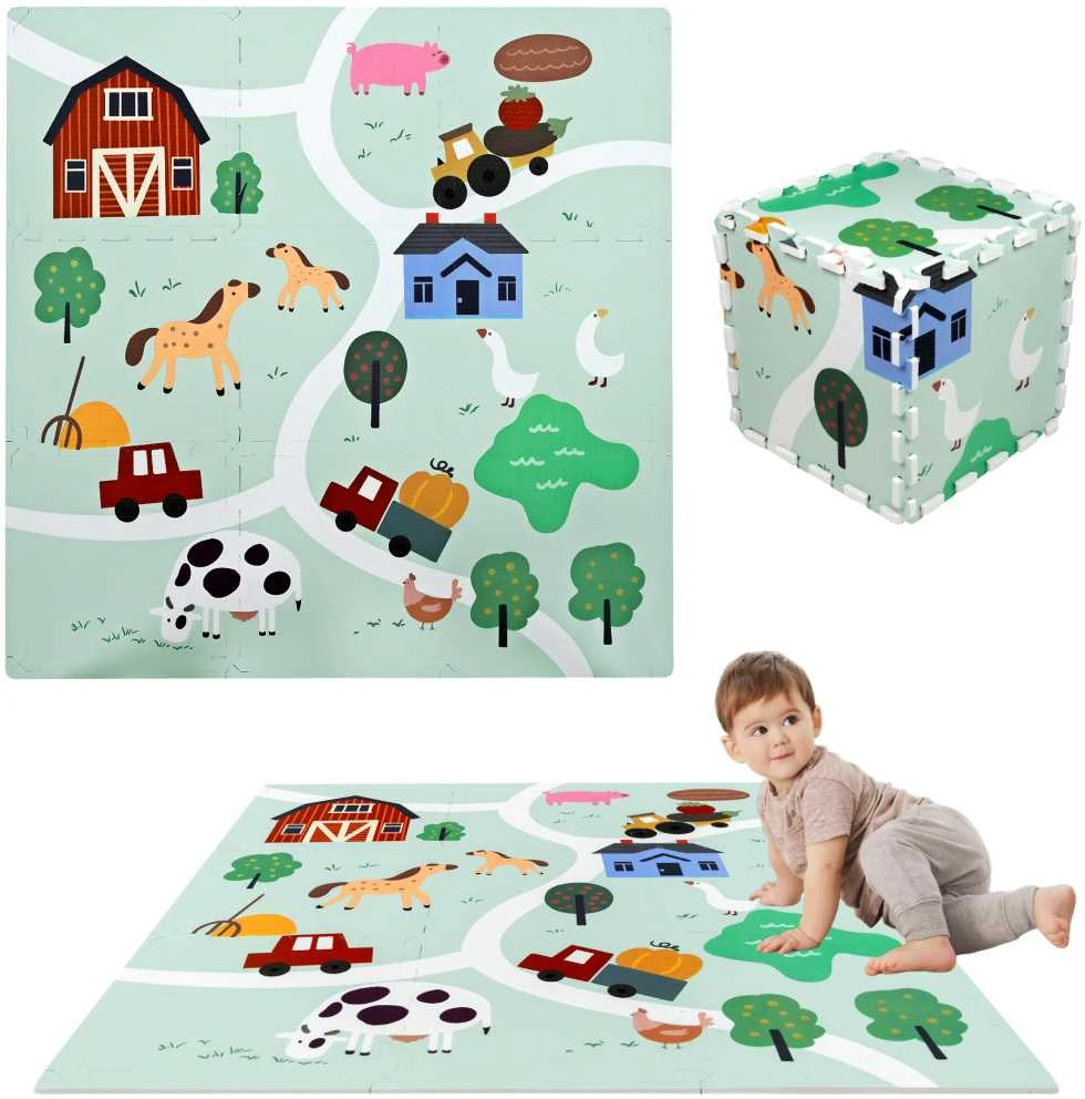 Achoka Mokomasis grindų kilimėlis 90x90 Storo putplasčio dėlionė 9 vnt. Humbi Farm Village Farm Pets