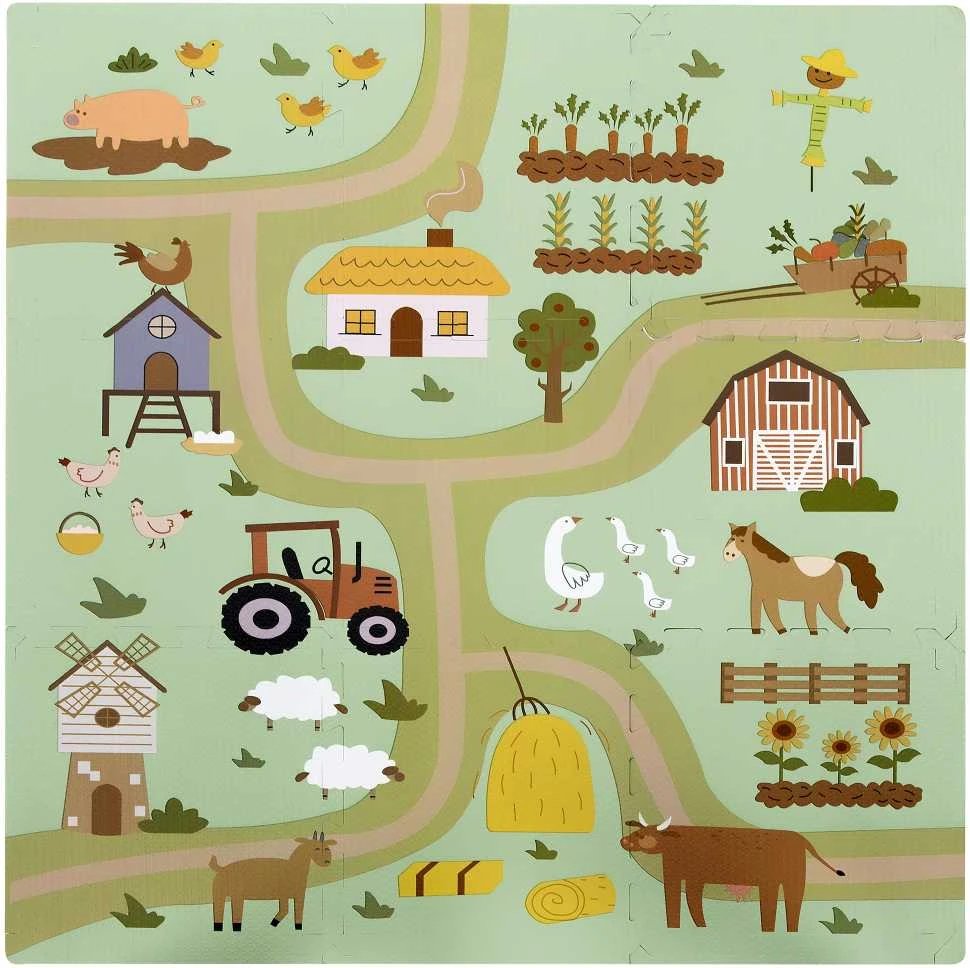 Achoka Mokomasis grindų kilimėlis 90x90 Storo putplasčio dėlionė 9 vnt. Humbi Kaimo keliai Kaimo gatvės Farm Farm