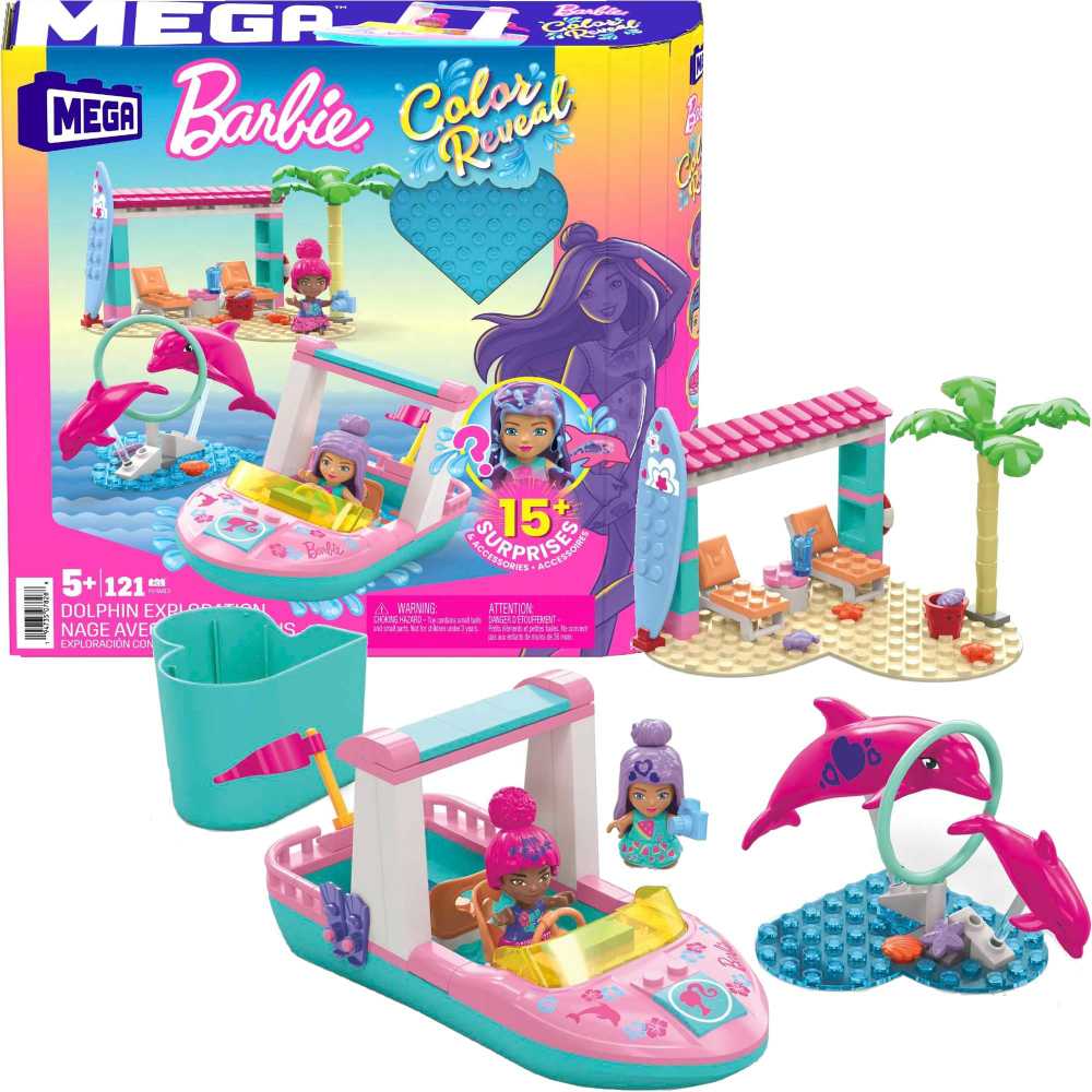 Mega Bloks Mattel 121 dalių MEGA Barbie spalvų atskleidimo blokeliai Nuotykių su delfinais už5425